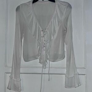 Sheer Ruffle Tie-Front Blouse in White